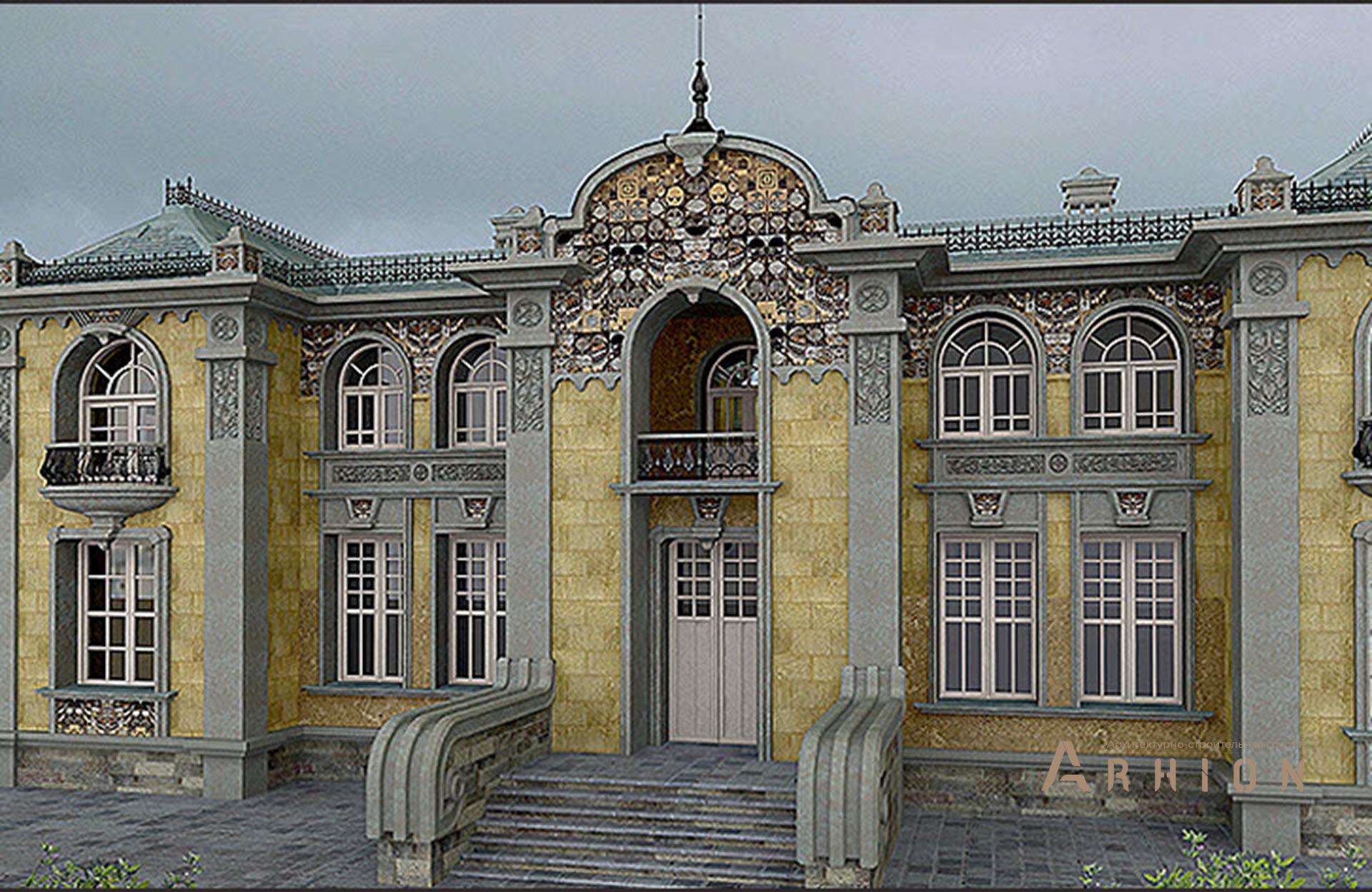 3. Проект двухэтажного дома в стиле барокко с многоскатной кровлей, SOV-6, площадью - 1100 кв c цокольным этажом, сауной, терассой, балконом, бассейном, вторым светом